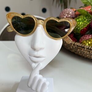 True Vintage 1980s New Wave Made in France Gold Glitter Heart Shaped Sunglasses